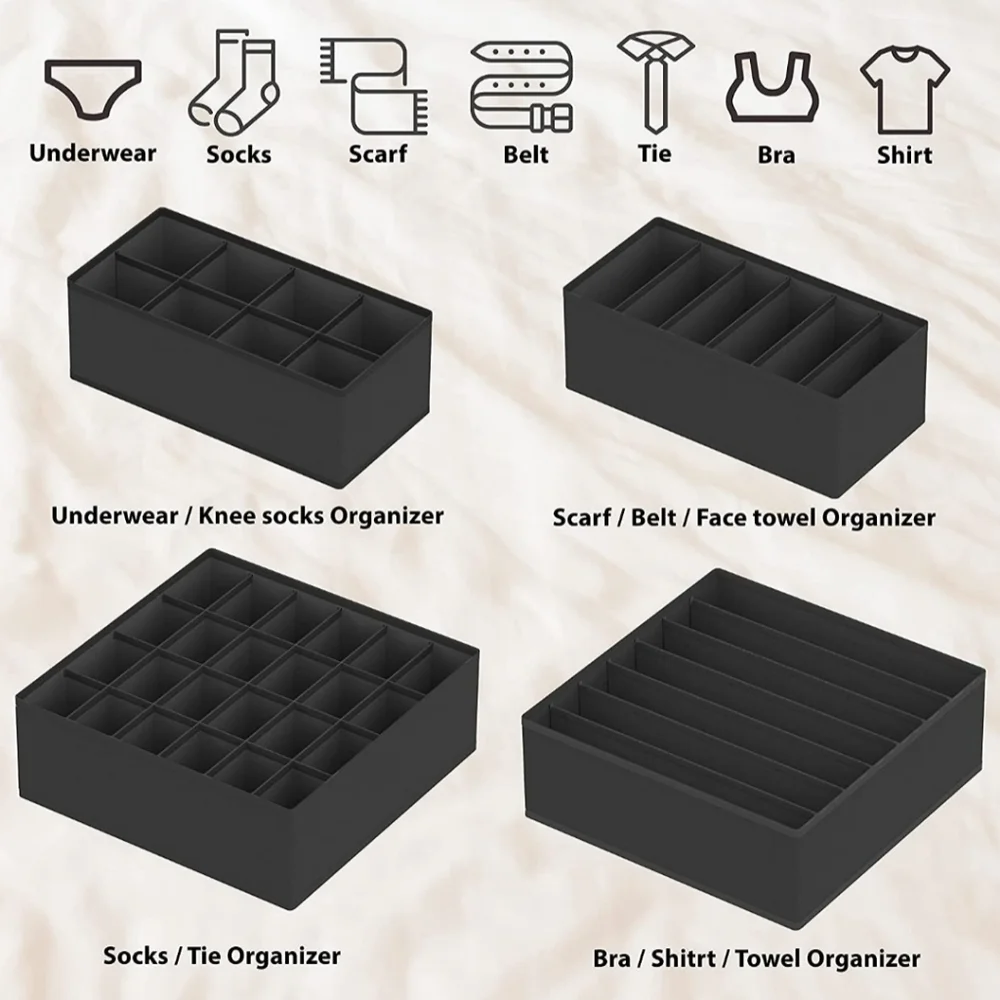 Set of 4 Fabric Drawer Organizers (Foldable) For Underwear and Bras
